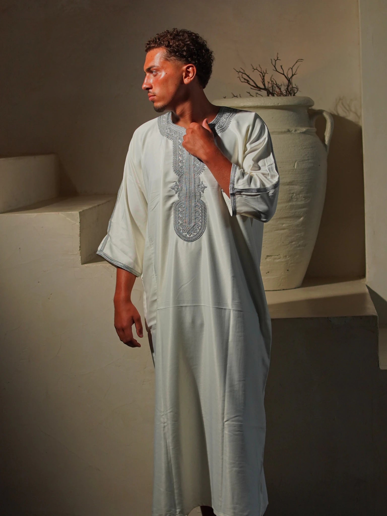 Gabardine Gandoura - White-GrayAmaanstudios | Rooted in heritage.S