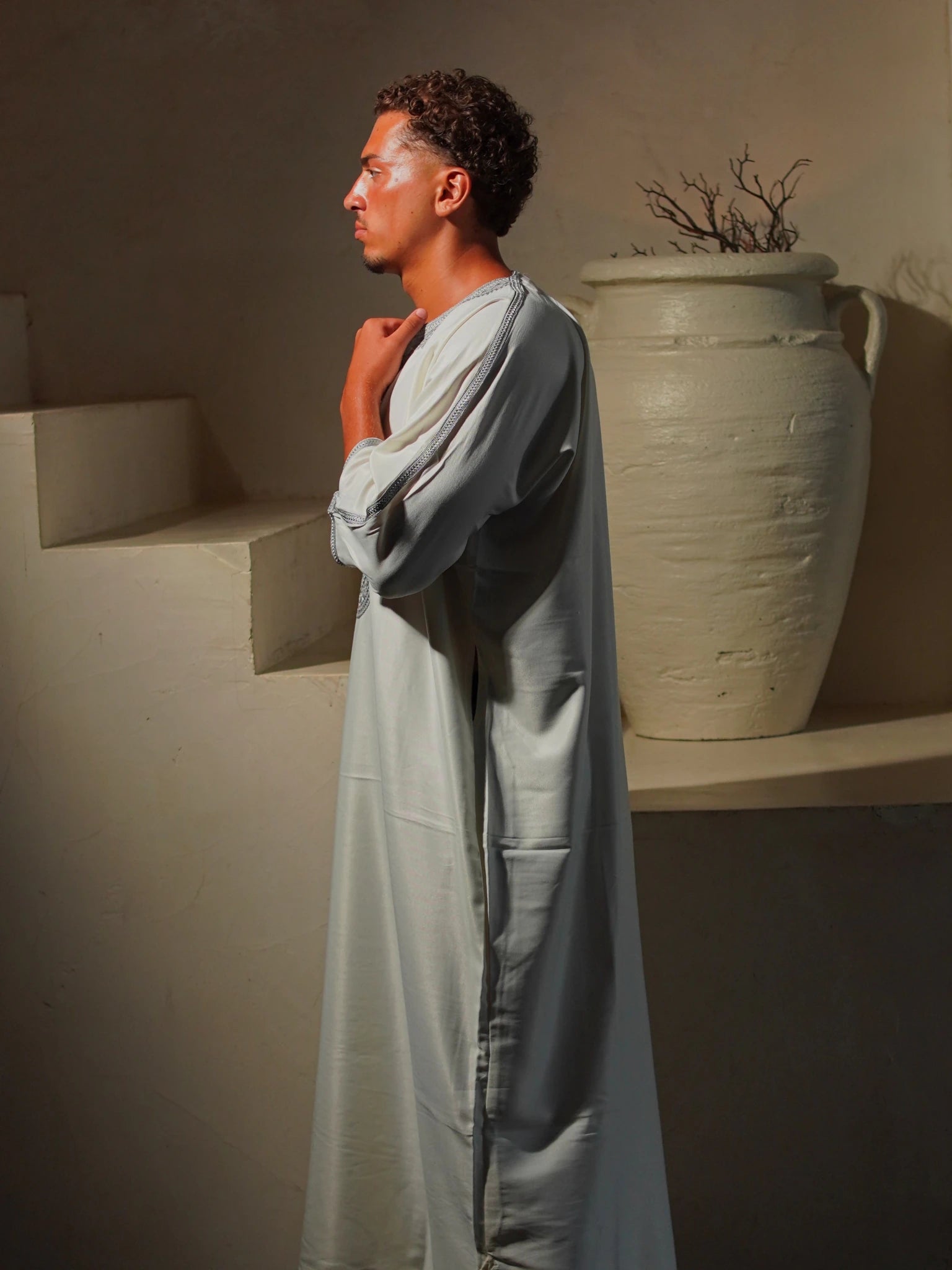 Gabardine Gandoura - White-GrayAmaanstudios | Rooted in heritage.S
