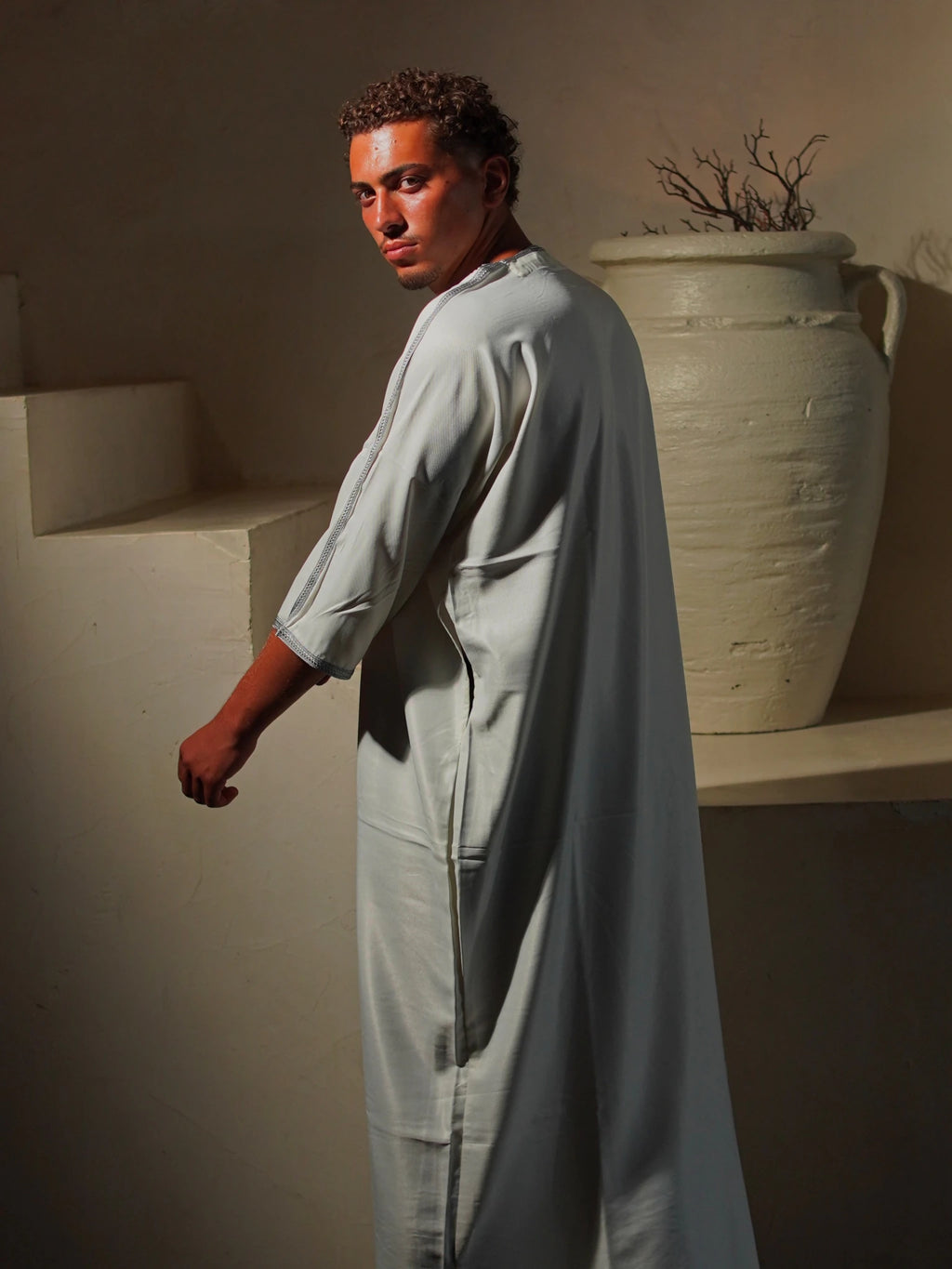 Gabardine Gandoura - White-GrayAmaanstudios | Rooted in heritage.S