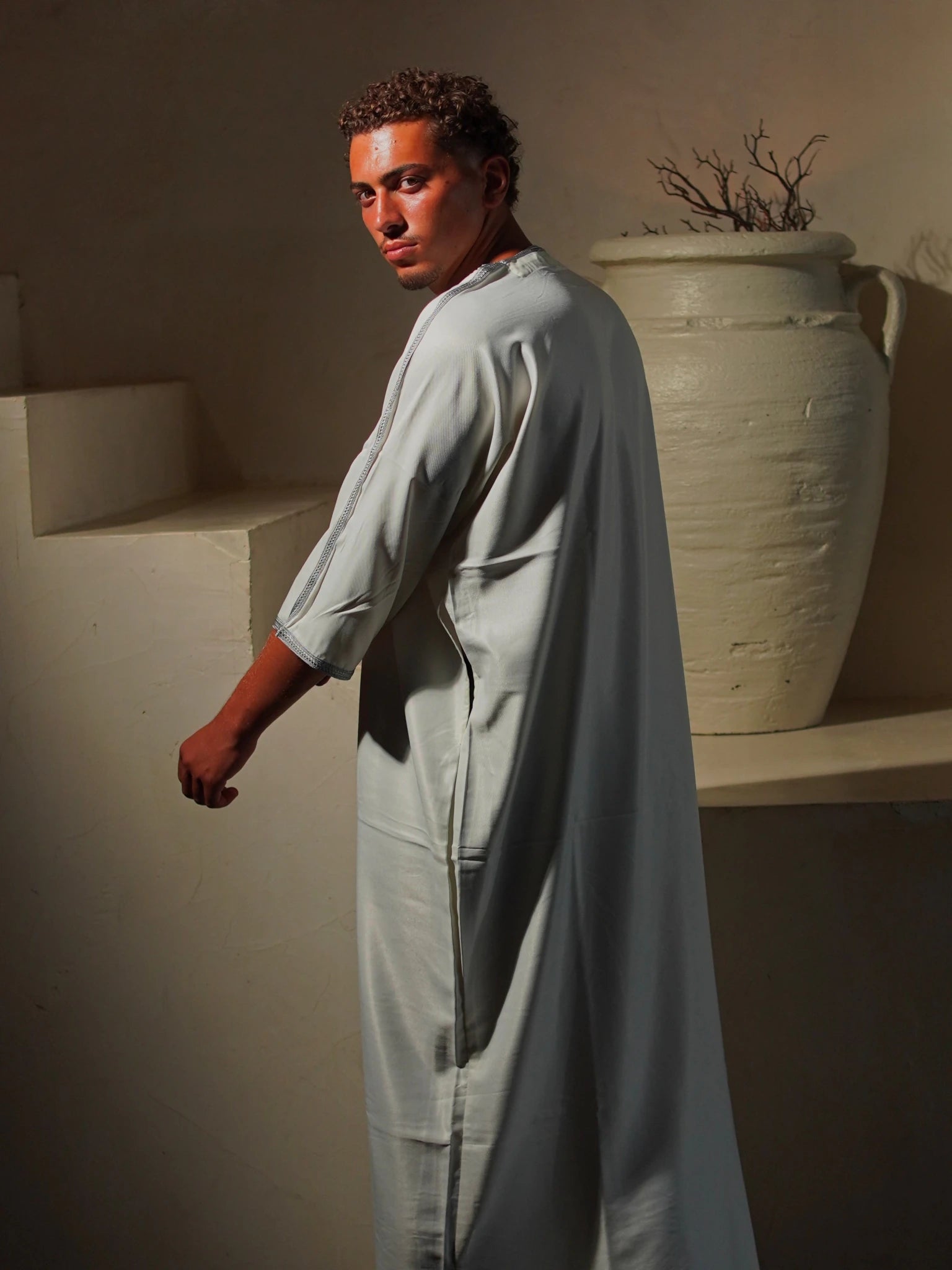 Gabardine Gandoura - White-GrayAmaanstudios | Rooted in heritage.S