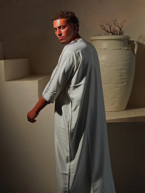 Gabardine Gandoura - White-GrayAmaanstudios | Rooted in heritage.S