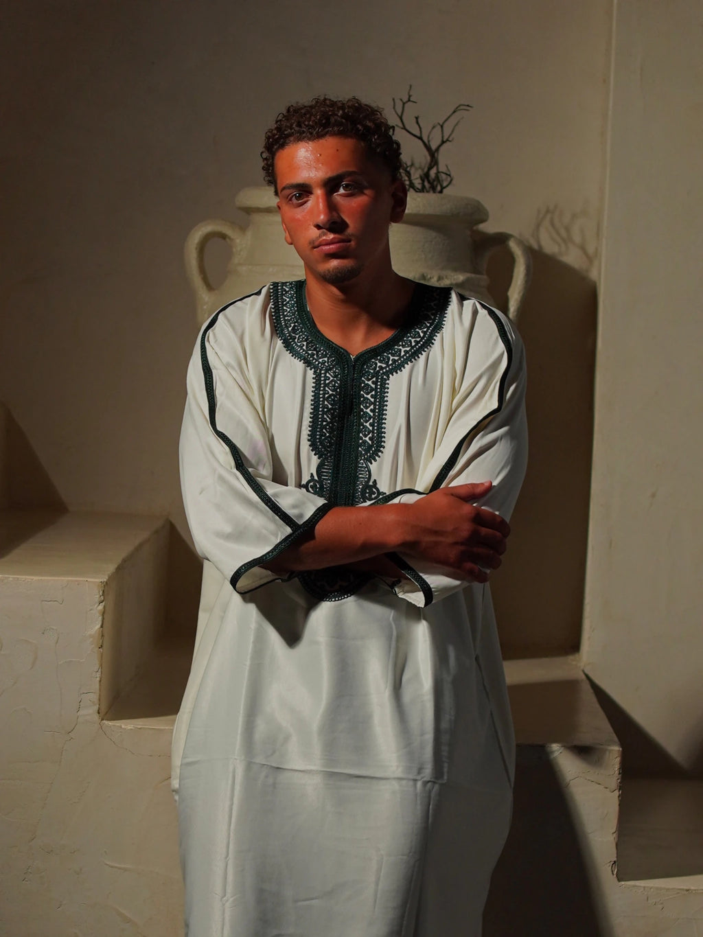 Gabardine Gandoura - White-GreenAmaanstudios | Rooted in heritage.S