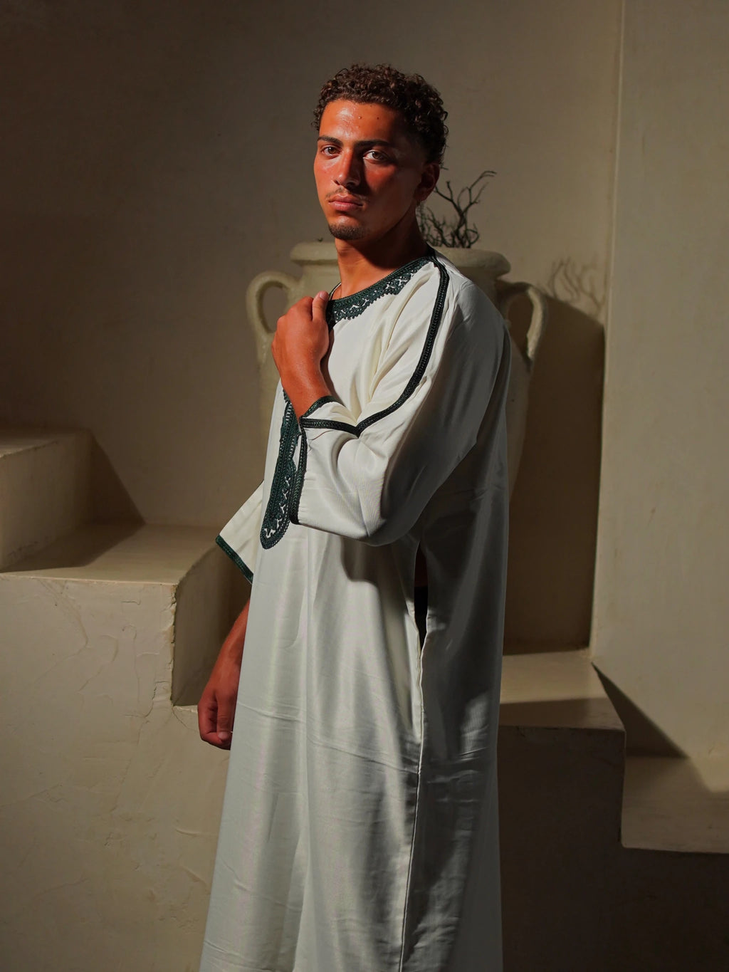 Gabardine Gandoura - White-GreenAmaanstudios | Rooted in heritage.S